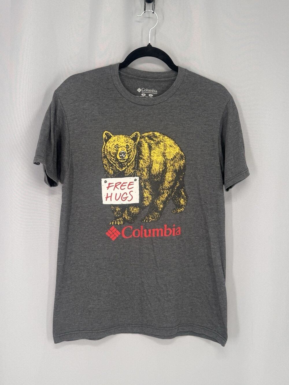 Columbia Graphic Tee Mens Medium Gray Bear Free Hugs Short Sleeve Shirt